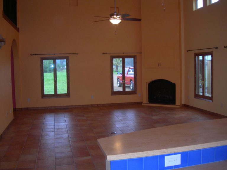 A tiled floor in a living room.
