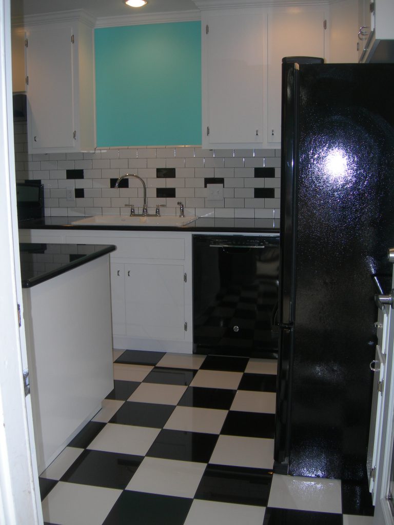 Black and white checkered floor.