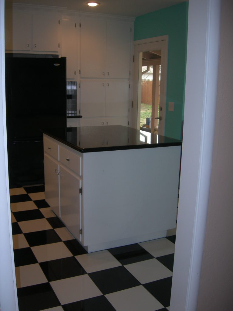 A black and white checkered floor.