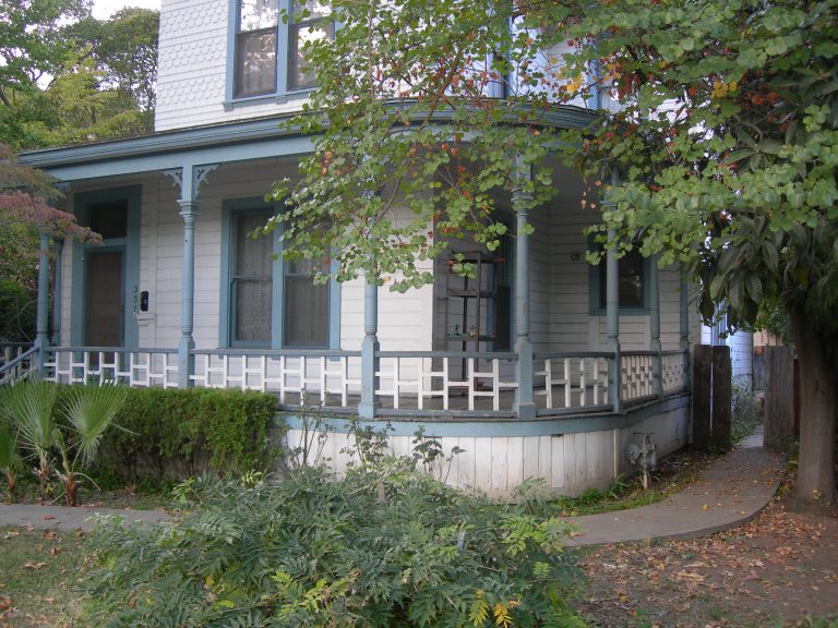 A blue and white house.