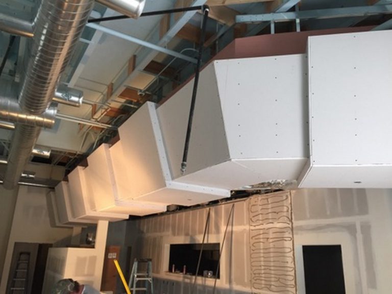 The ceiling of a building is being constructed.
