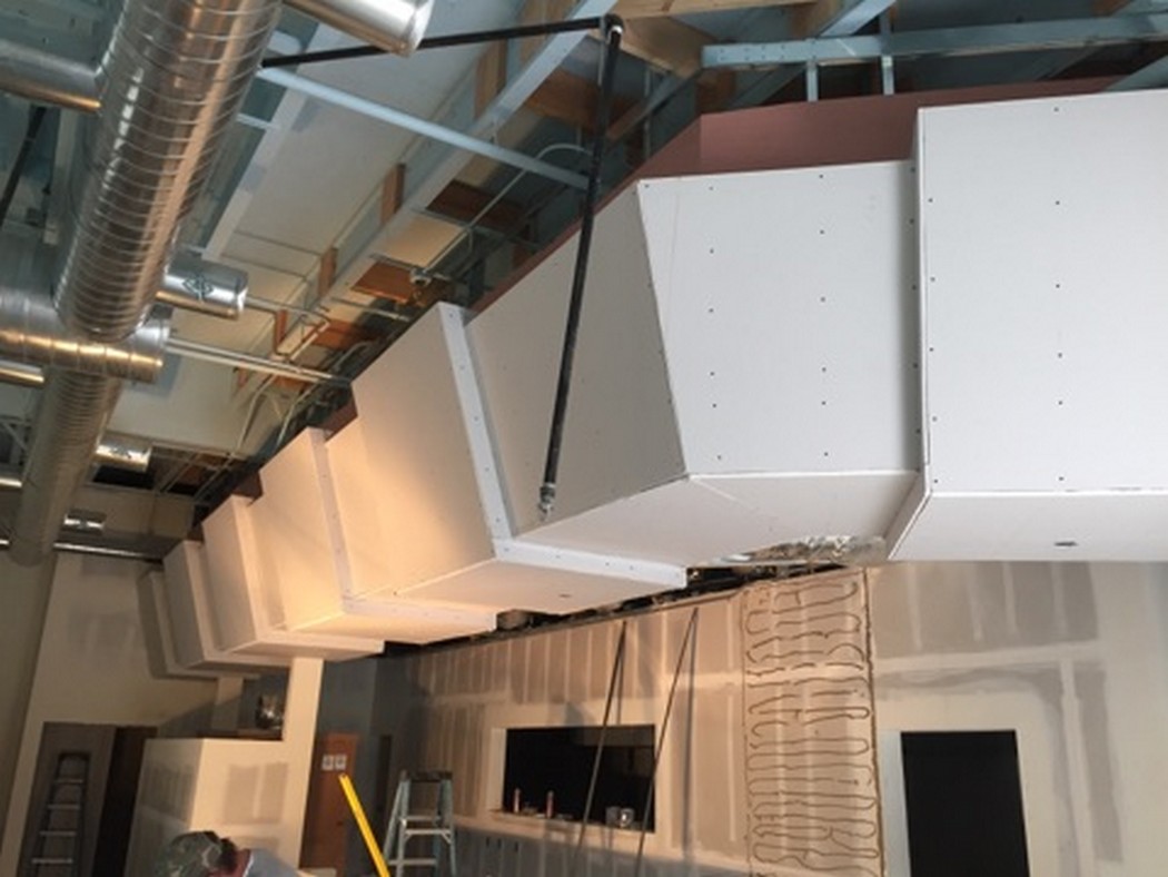The ceiling of a building is being constructed.