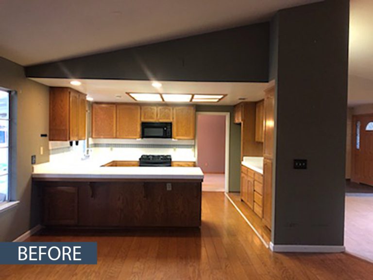 A kitchen before and after renovation.