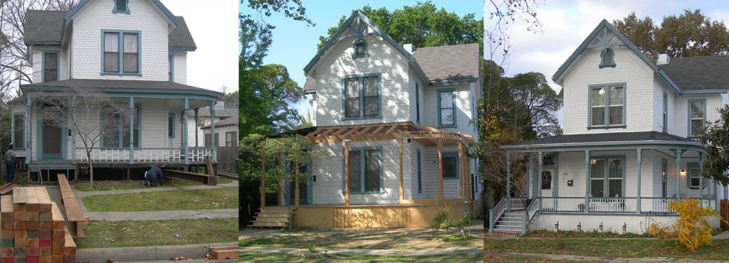 Three pictures of a house with a porch.